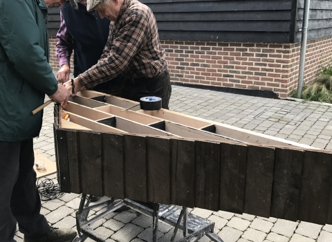 The Trumpington swift box is constructed on the ground