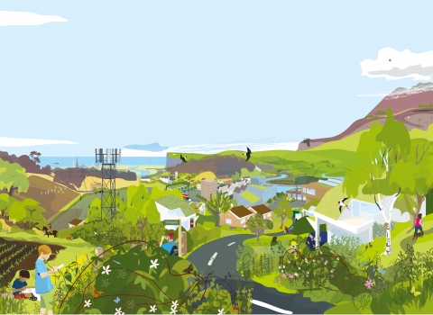 An illustration showing development alongside a wide range of green space and wildlife at the coast