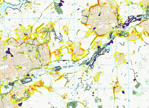 A map showing the potential for nature restoration for multiple opportunities, with colour-coded overlays representing different habitats