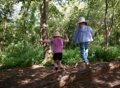 Children jumping from a log at Cambourne Nature Reserve