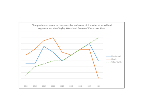 Graph showing changes in bird species recorded at woodland regeneration sites over time