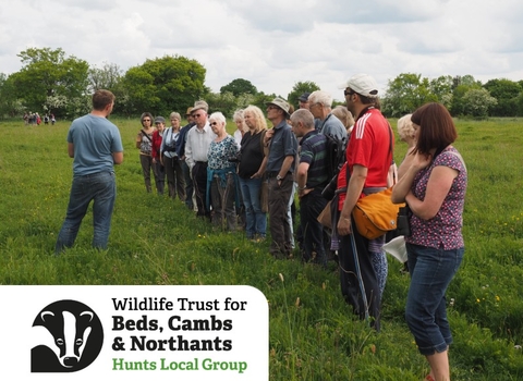 Large group of walkers on a field, talking to a guide