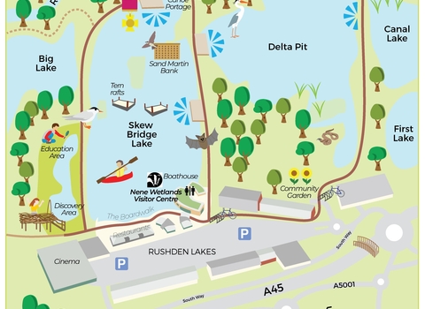 Nene Wetlands nature reserve map including a graphic of a beaver on the edge of the Delta Pit body of water