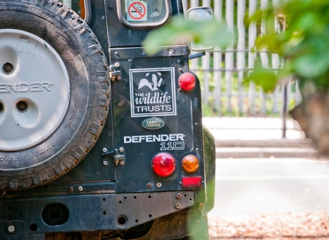 The back of a Land rover Defender 110 with a wildlife trusts logo on it