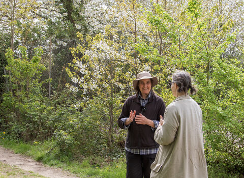 Two women, standing in the spring sunshine, chatting