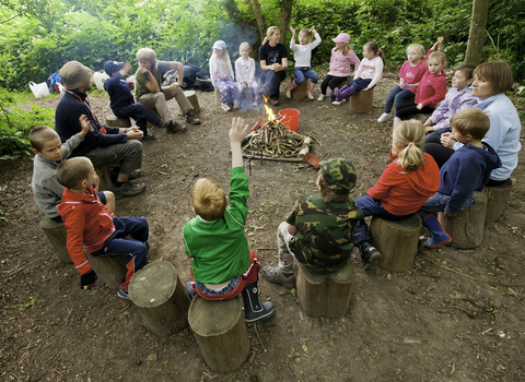 Circle of children and adults sitting on logs around a fire