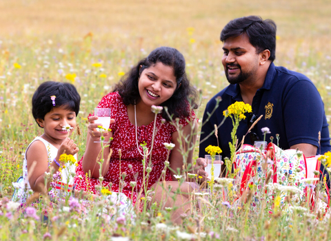 Indian family of mother, father and daughter sit enjoying a picnic in a wildflower meadow. The child is smelling an oxeye daisy. Everyone is smiling